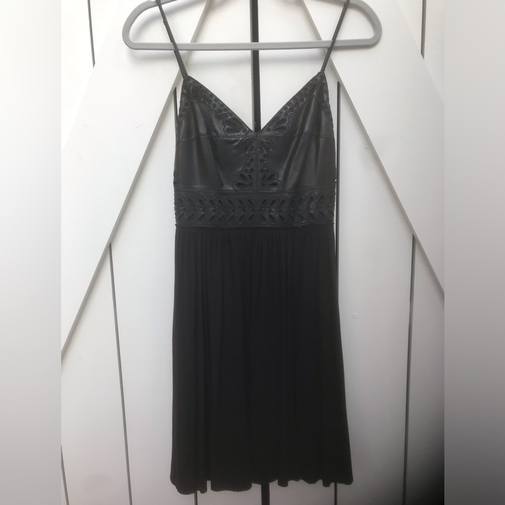 Bailey 44 Black Dress with Faux Leather Cut-Work Bodice and Soft Rayon Body